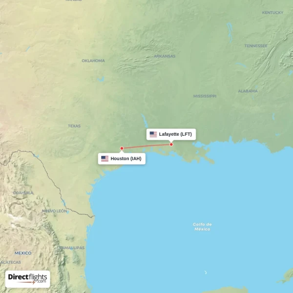 Houston - Lafayette direct flight map