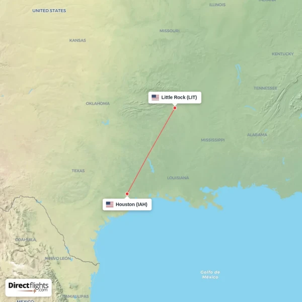 Houston - Little Rock direct flight map