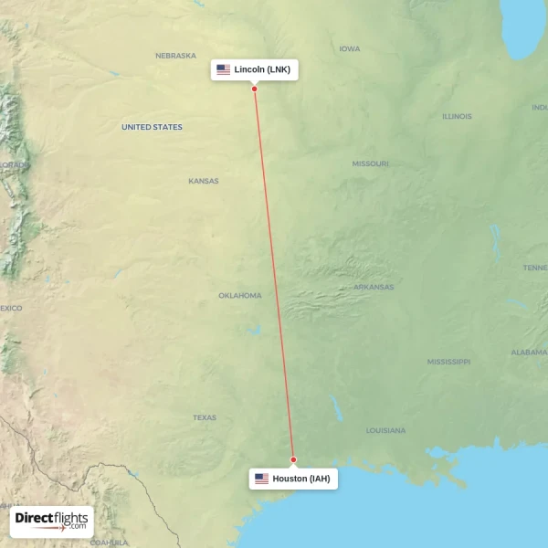 Houston - Lincoln direct flight map