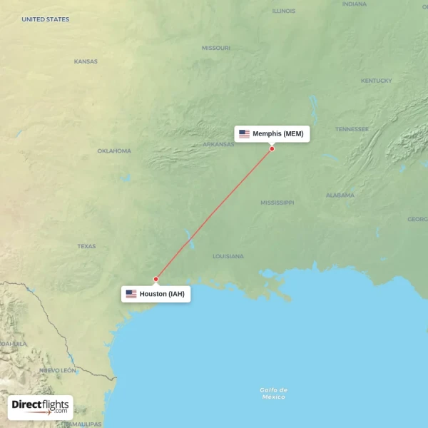 Houston - Memphis direct flight map