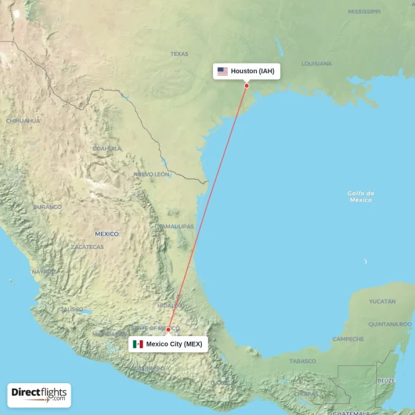 Houston - Mexico City direct flight map