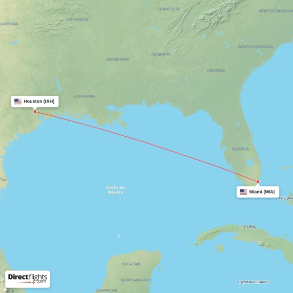 Houston - Miami direct flight map