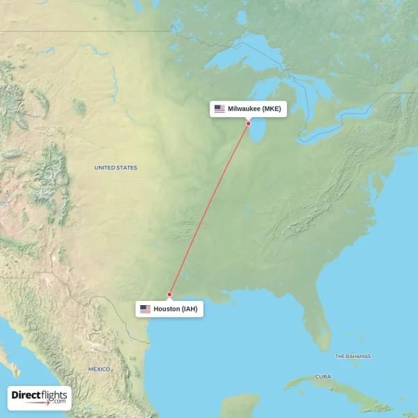 Houston - Milwaukee direct flight map