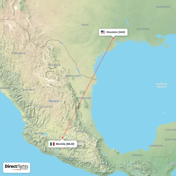 Houston - Morelia direct flight map