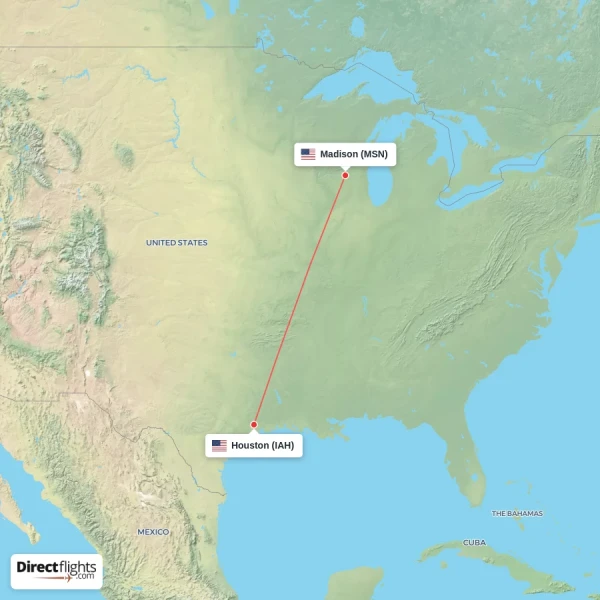 Houston - Madison direct flight map
