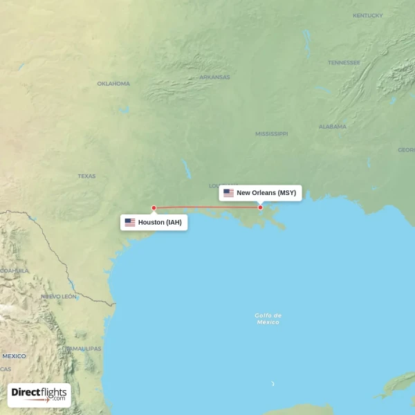 Houston - New Orleans direct flight map