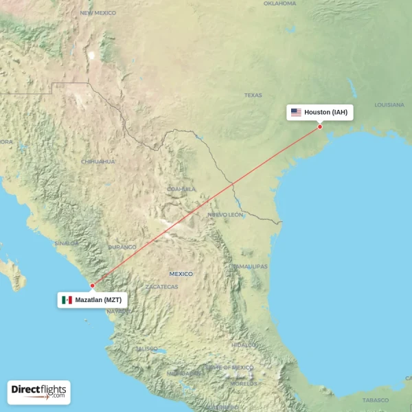 Houston - Mazatlan direct flight map
