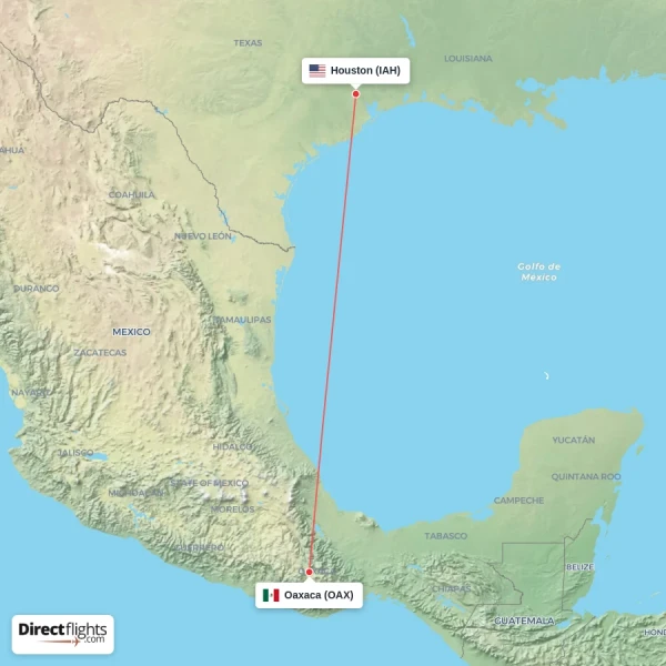 Houston - Oaxaca direct flight map