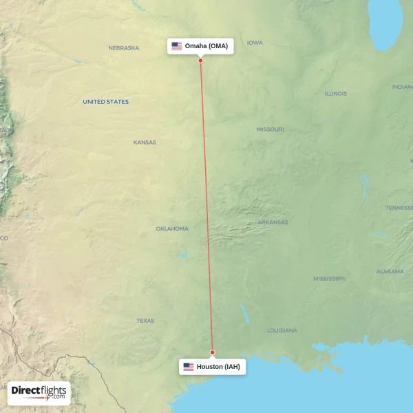Houston - Omaha direct flight map
