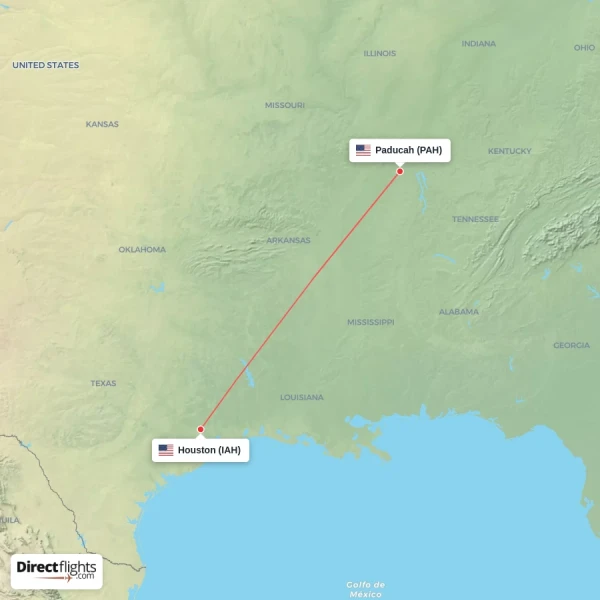 Houston - Paducah direct flight map
