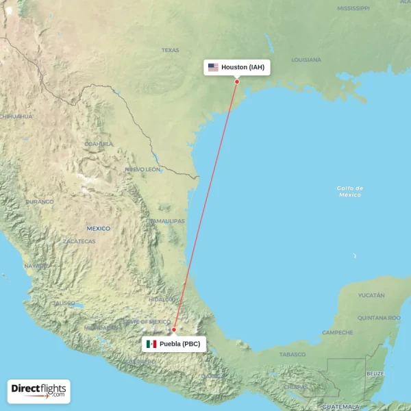 Houston - Puebla direct flight map