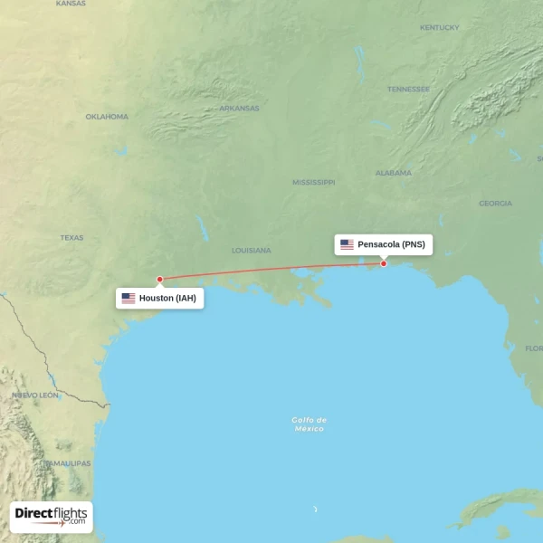 Houston - Pensacola direct flight map