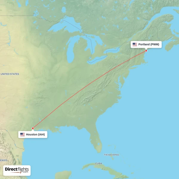 Houston - Portland direct flight map