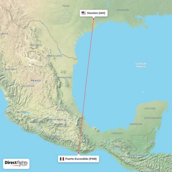 Houston - Puerto Escondido direct flight map
