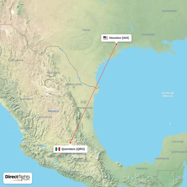 Houston - Queretaro direct flight map