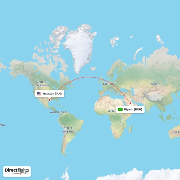 Houston - Riyadh direct flight map