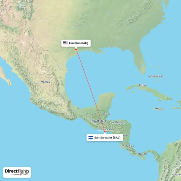 Houston - San Salvador direct flight map