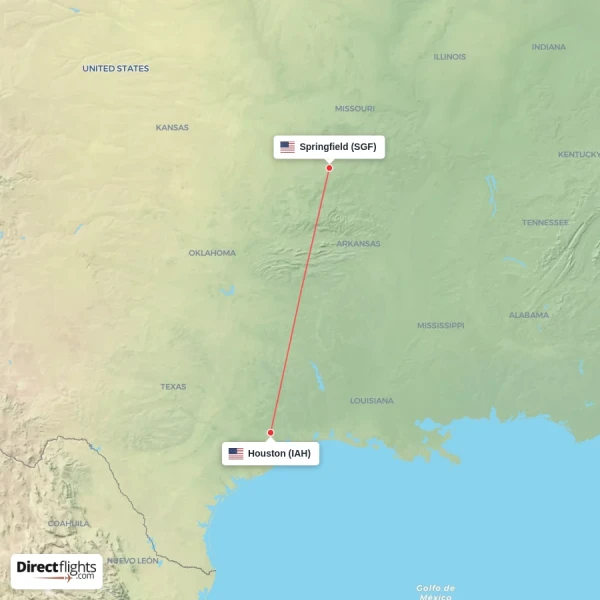 Houston - Springfield direct flight map