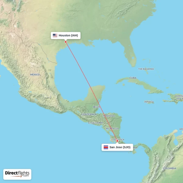 Houston - San Jose direct flight map