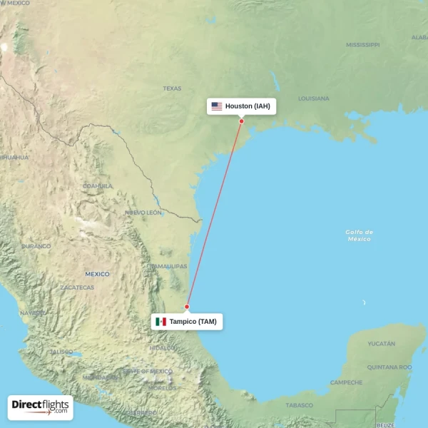 Houston - Tampico direct flight map