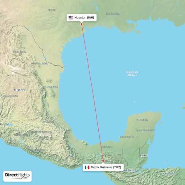 Houston - Tuxtla Gutierrez direct flight map