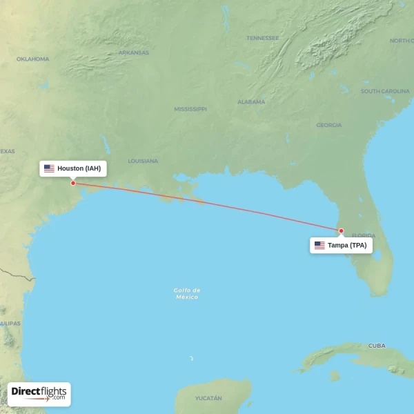 Houston - Tampa direct flight map