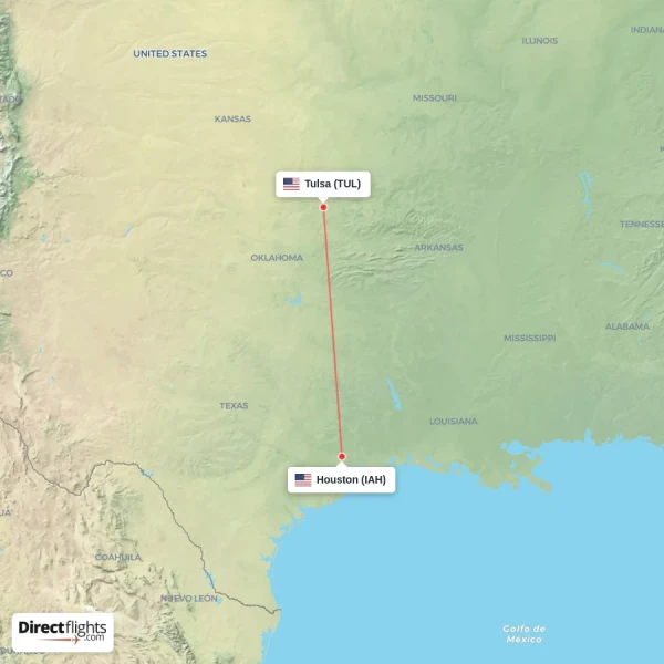 Houston - Tulsa direct flight map