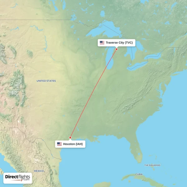 Houston - Traverse City direct flight map