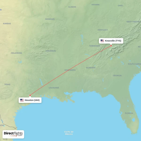 Houston - Knoxville direct flight map