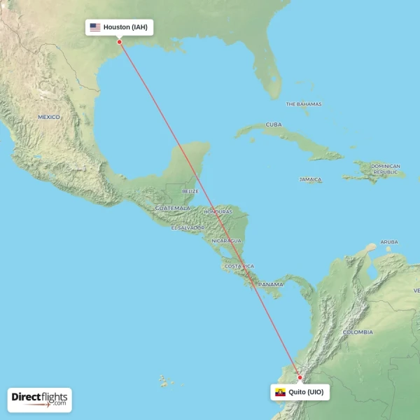 Houston - Quito direct flight map