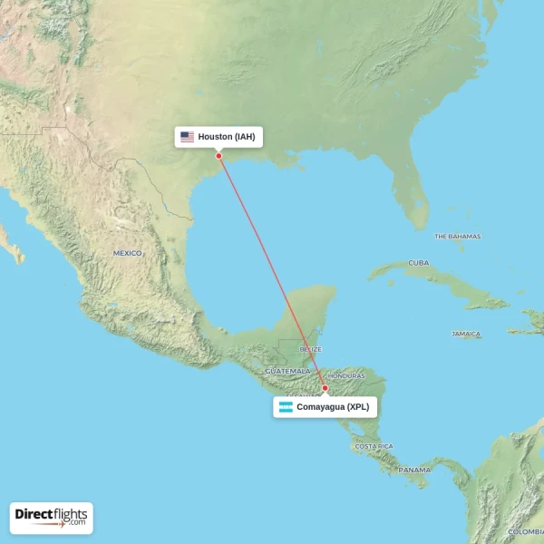 Houston - Comayagua direct flight map
