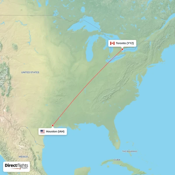 Houston - Toronto direct flight map