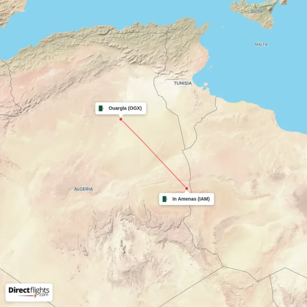 In Amenas - Ouargla direct flight map