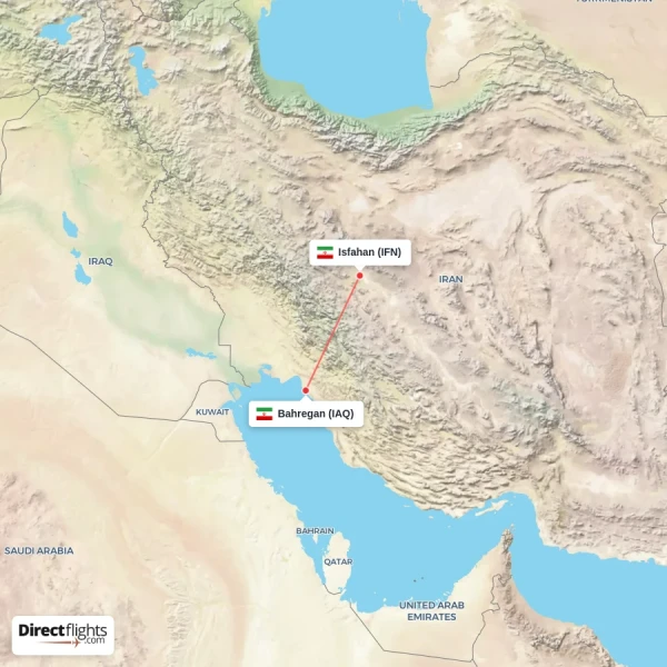 Bahregan - Isfahan direct flight map