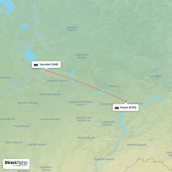Yaroslavl - Kazan direct flight map