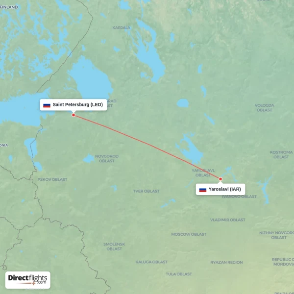 Yaroslavl - Saint Petersburg direct flight map