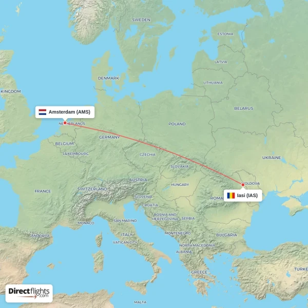Iasi - Amsterdam direct flight map