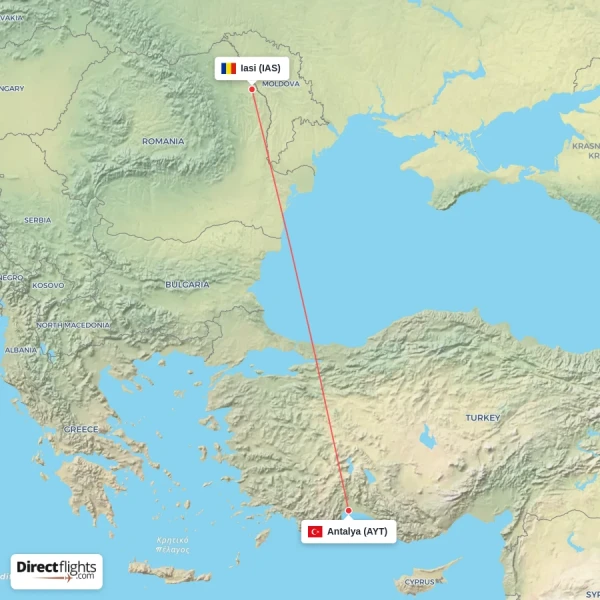 Iasi - Antalya direct flight map