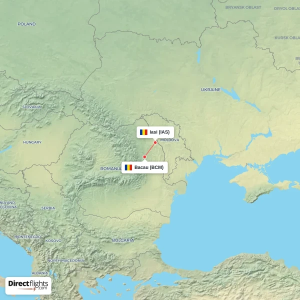 Iasi - Bacau direct flight map