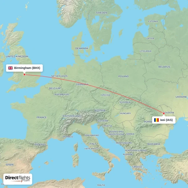 Iasi - Birmingham direct flight map