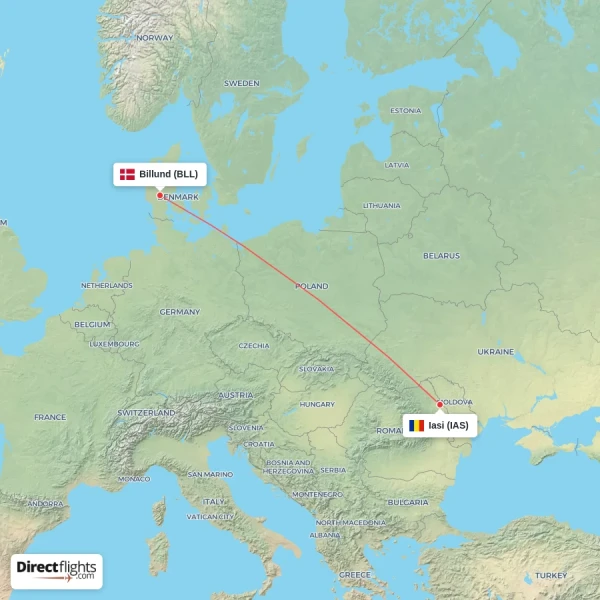 Iasi - Billund direct flight map
