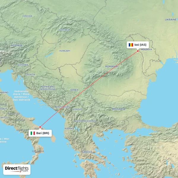 Iasi - Bari direct flight map