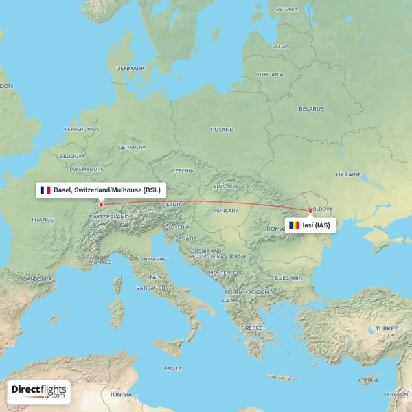 Iasi - Basel, Switzerland/Mulhouse direct flight map