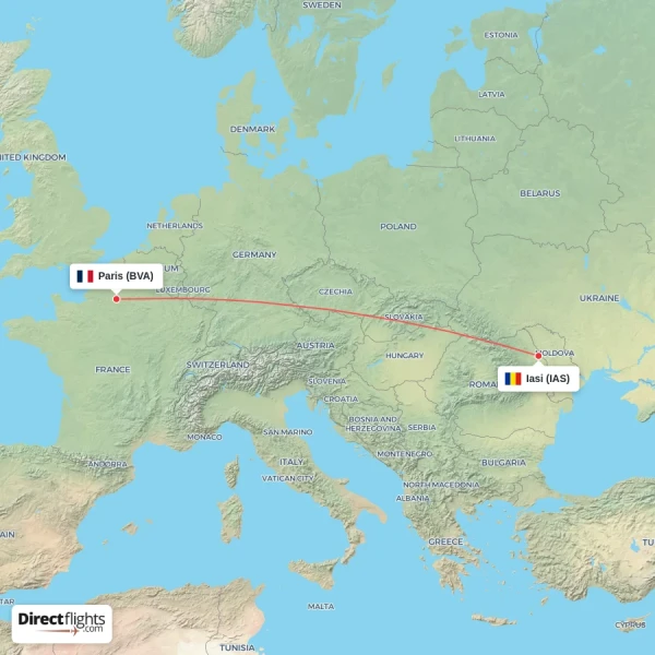 Iasi - Paris direct flight map