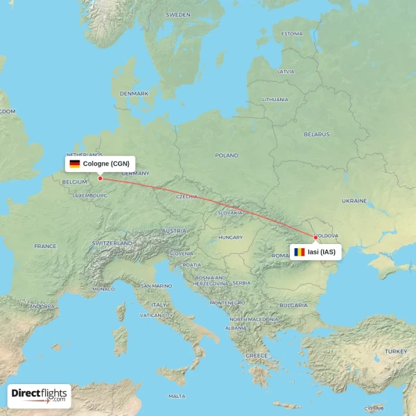 Iasi - Cologne direct flight map