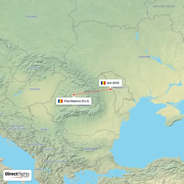 Iasi - Cluj-Napoca direct flight map