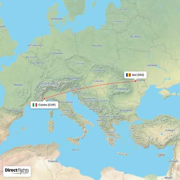 Iasi - Cuneo direct flight map
