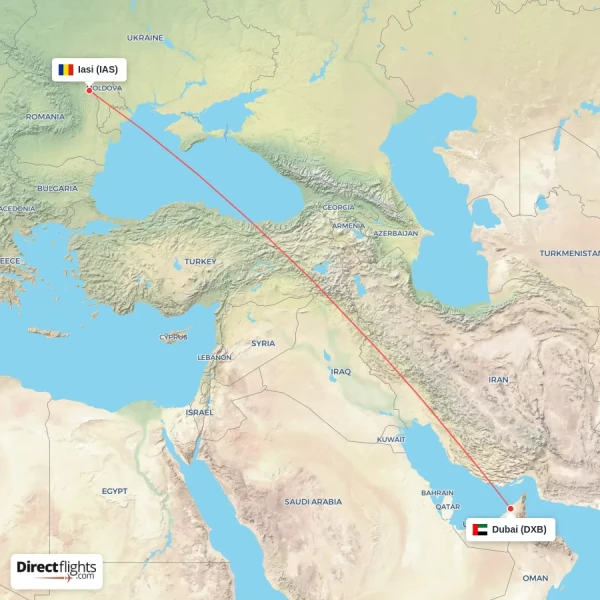 Iasi - Dubai direct flight map