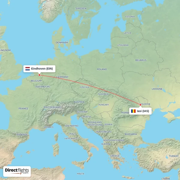 Iasi - Eindhoven direct flight map
