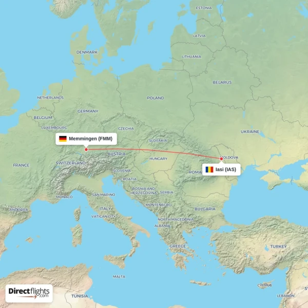 Iasi - Memmingen direct flight map